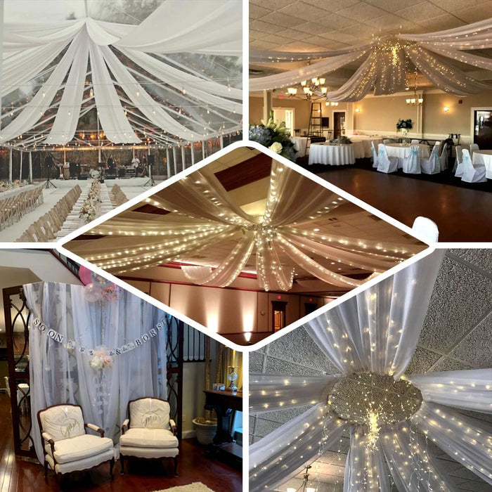 Decorative draping and lighting for elegant event spaces.