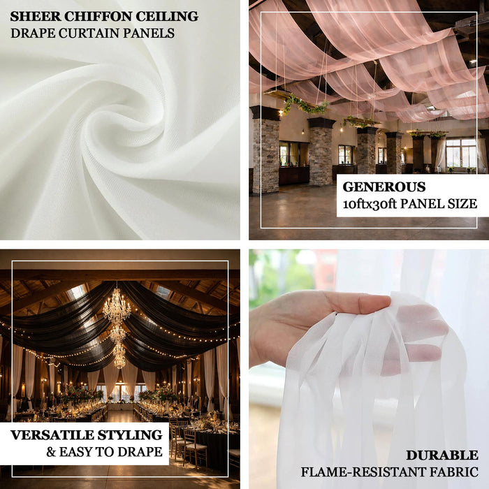 Sheer chiffon curtain panels, 10ft x 3ft, versatile and flame-resistant fabric.