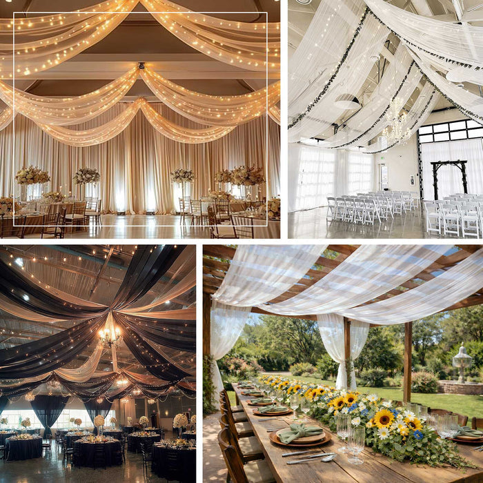 Elegant drapery and lighting for event decor in various settings.