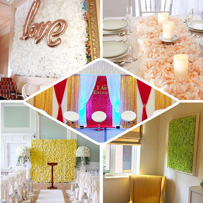 Decorative event setups with floral backdrops and elegant seating arrangements.
