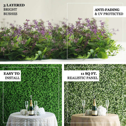 Artificial greenery wall panel with realistic leaves and flowers for decoration.