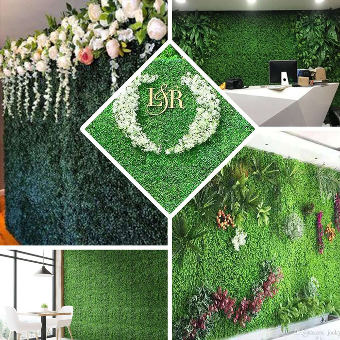 Artificial green wall decor with flowers and leaves for interior design.