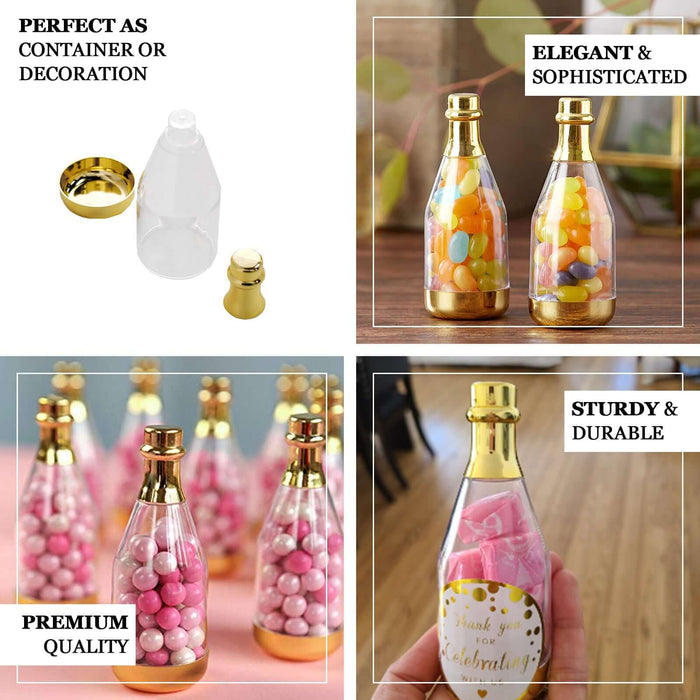 Colorful candy-filled glass bottles with gold accents, perfect for decoration.