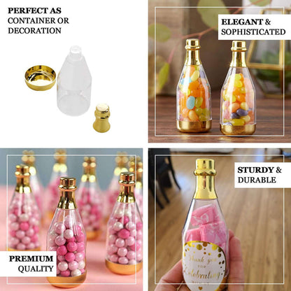 Colorful candy-filled glass bottles with gold accents, perfect for decoration.