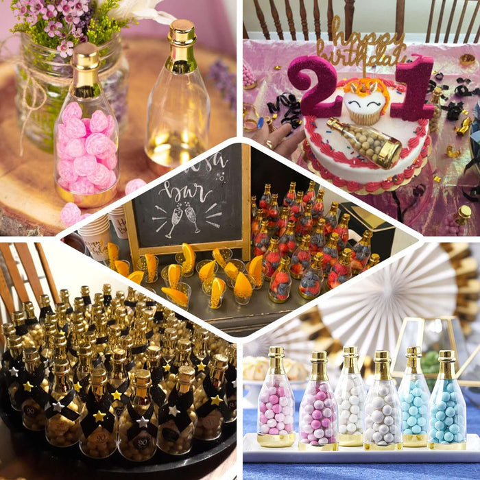 Colorful party favors in decorative bottles for celebrations and events.