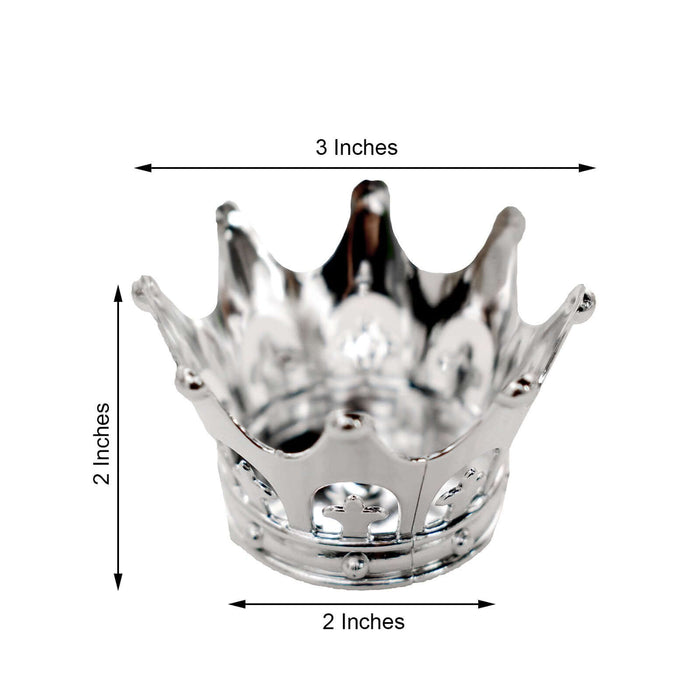 Silver crown-shaped ring holder, 3 inches wide, 2 inches tall.