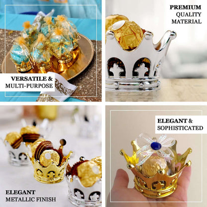 Elegant crown-shaped chocolate wrappers in gold and silver for party favors.