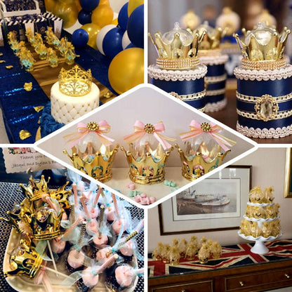 Golden crowns and party decor for a festive celebration.
