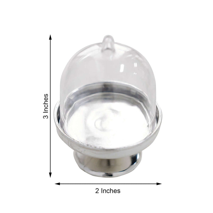Mini glass cloche with silver base, 2 inches wide and 3 inches tall.
