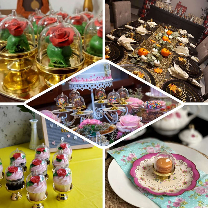 Assorted decorative desserts and floral arrangements on various table settings.