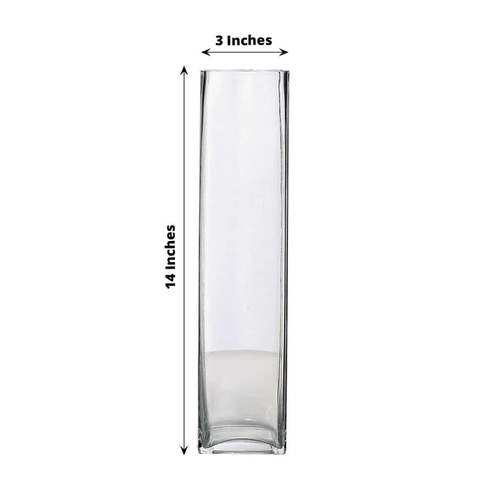 Tall rectangular glass vase, 14 inches high and 3 inches wide.