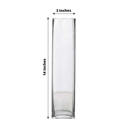 Tall rectangular glass vase, 14 inches high and 3 inches wide.