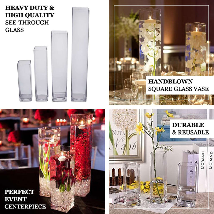 Handblown square glass vases, perfect for event centerpieces and durable reuse.