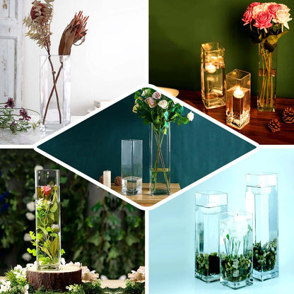 Assorted glass vases with flowers and candles in various settings.