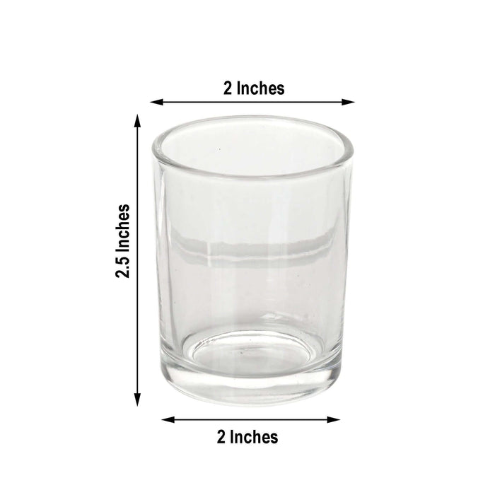 Clear glass votive candle holder, 2 inches wide and 2.5 inches tall.