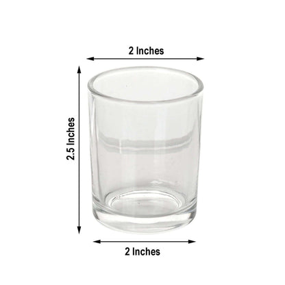 Clear glass votive candle holder, 2 inches wide and 2.5 inches tall.