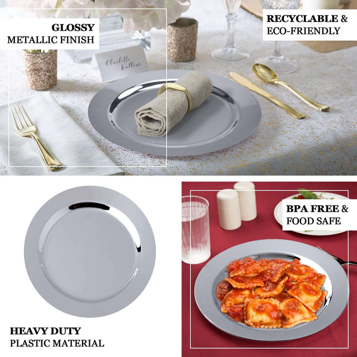 Glossy metallic disposable plate in silver, eco-friendly and BPA-free.