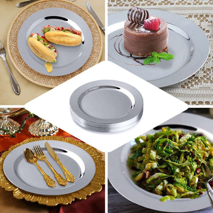 Set of elegant silver plates for dining, showcasing various food presentations.