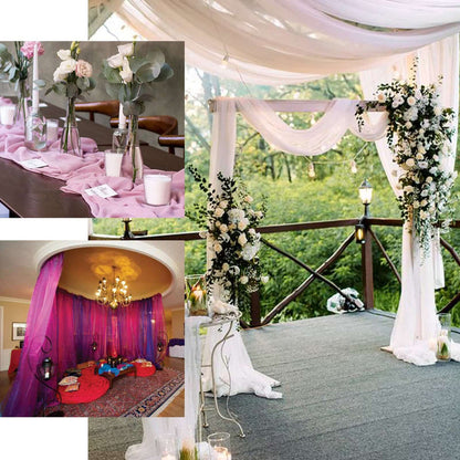 Elegant wedding decor featuring floral arrangements and draped fabric.