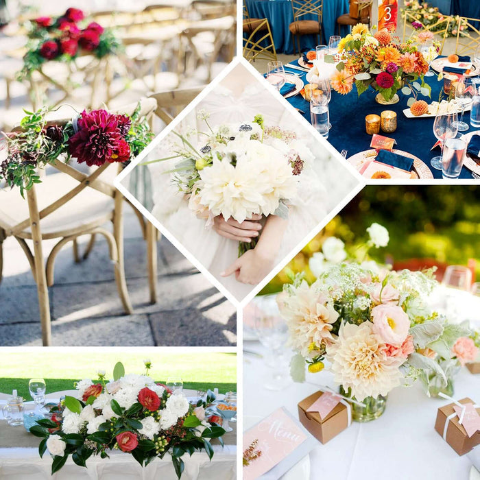 Assorted floral arrangements for events and weddings in various settings.