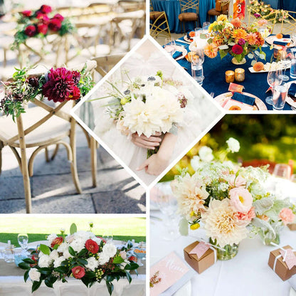 Assorted floral arrangements for events and weddings in various settings.