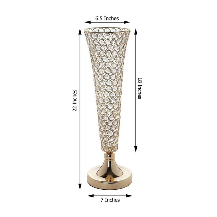 Gold decorative vase with crystal accents, 22 inches tall, 6.5 inches wide.