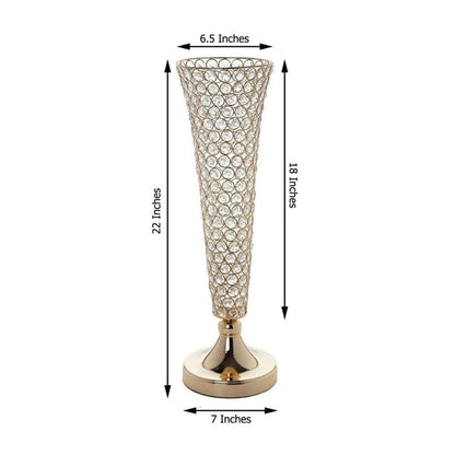 Gold decorative vase with crystal accents, 22 inches tall, 6.5 inches wide.