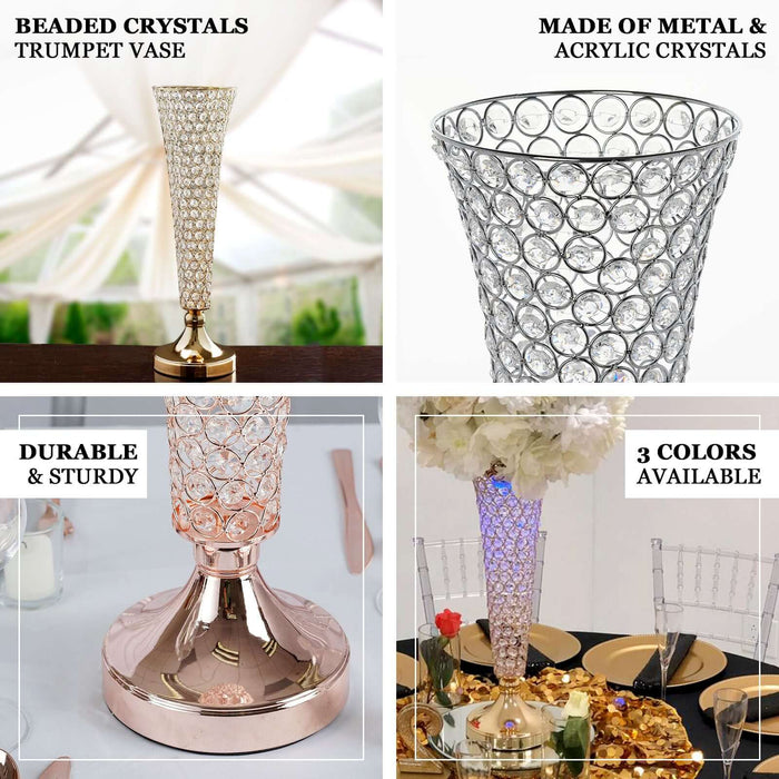 Beaded metal and acrylic crystal trumpet vase, durable and sturdy, available in 3 colors.