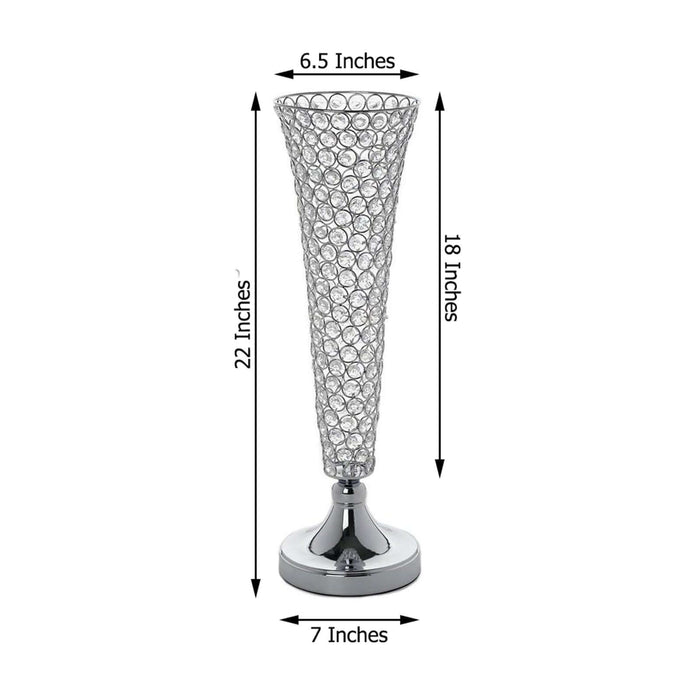 Silver decorative vase with mesh design, 22 inches tall and 7 inches wide.