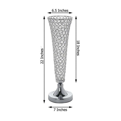 Silver decorative vase with mesh design, 22 inches tall and 7 inches wide.