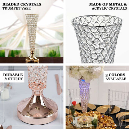 Beaded metal and acrylic crystal trumpet vase, durable and sturdy, three colors available.