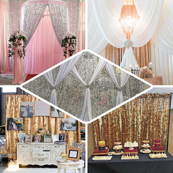 Decorative event backdrops with sequins and drapes in various styles and colors.