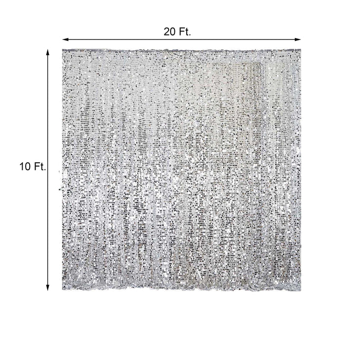 Silver sequin backdrop, 20 ft x 10 ft, perfect for events and photo booths.
