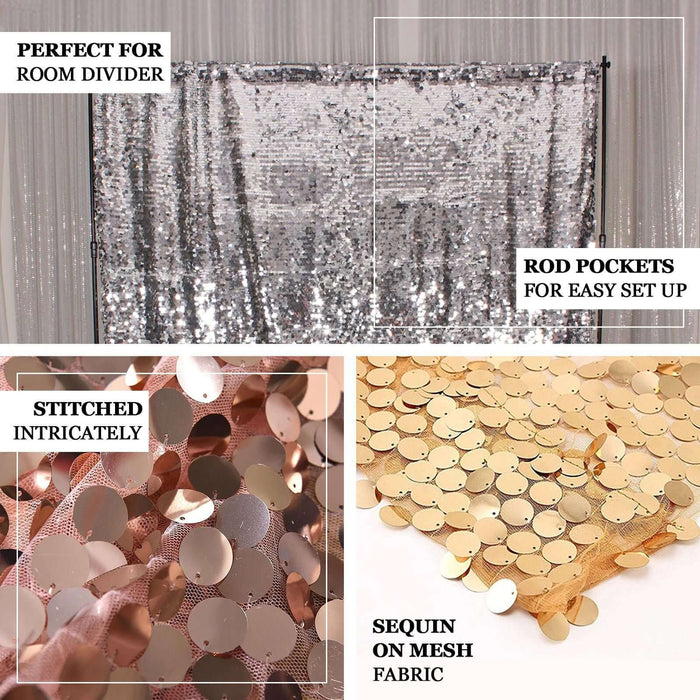 Sequin fabric backdrop ideal for room dividers, featuring rod pockets for easy setup.