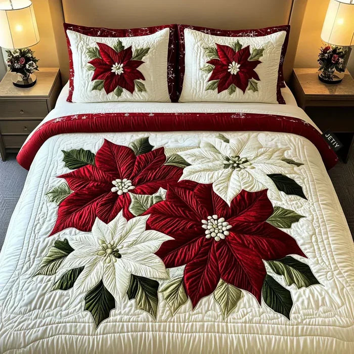 3-delt quiltet dynebetræk sæt - Vinter Poinsettiaer