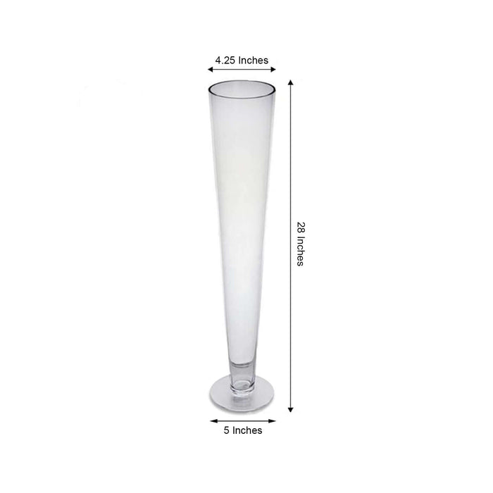 Clear champagne flute with measurements, 28 inches tall, 4.25 inches wide.
