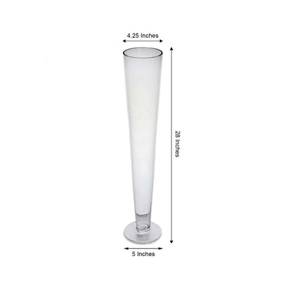 Clear champagne flute with measurements, 28 inches tall, 4.25 inches wide.