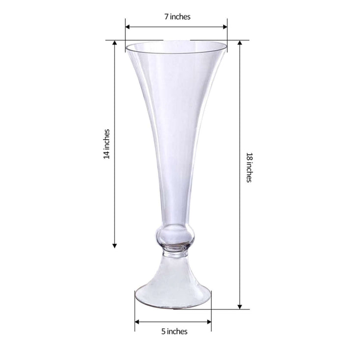 Clear glass vase with elegant flared design, 14 inches tall and 5 inches wide.