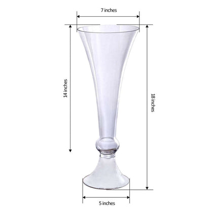 Clear glass vase with elegant flared design, 14 inches tall and 5 inches wide.