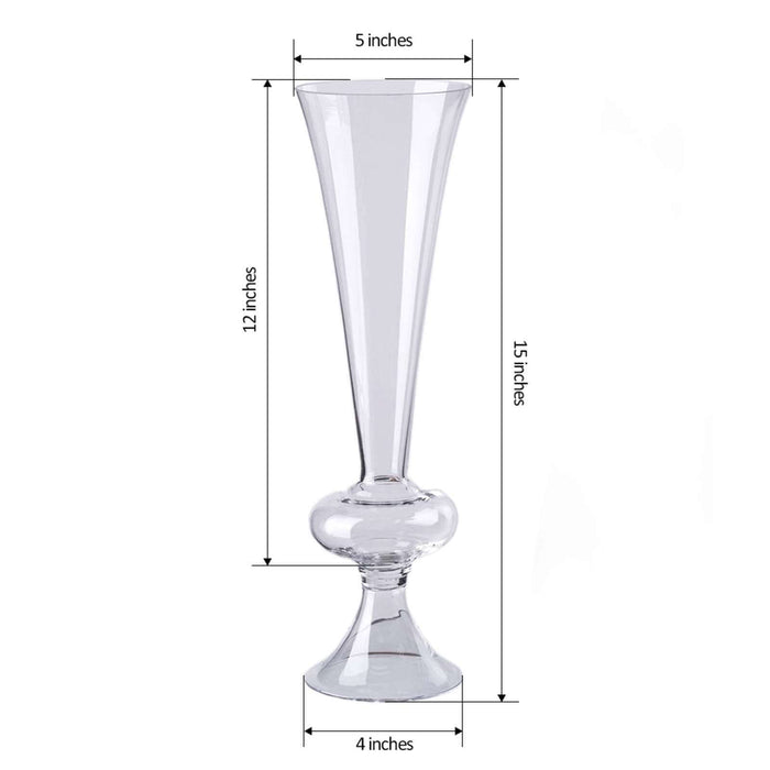 Clear glass vase with elegant shape, 12 inches tall and 5 inches wide.