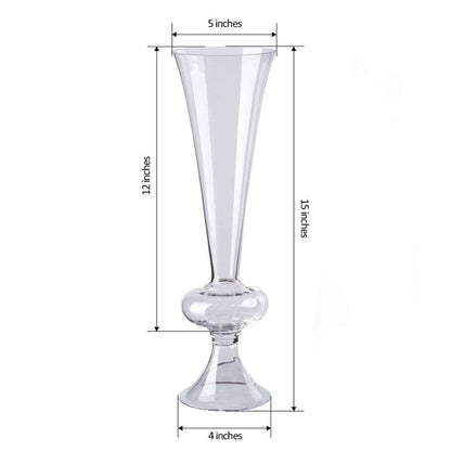 Clear glass vase with elegant shape, 12 inches tall and 5 inches wide.