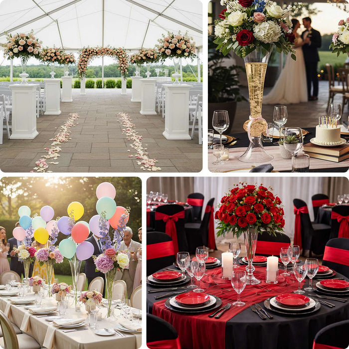 Elegant wedding decor with floral arrangements, table settings, and festive elements.