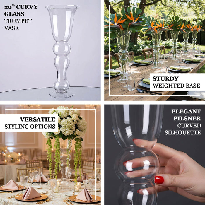 Curvy glass trumpet vase with elegant silhouette and sturdy weighted base.