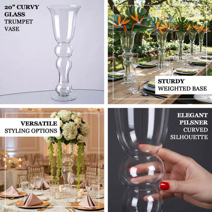 Curvy glass trumpet vase with elegant silhouette and sturdy weighted base.
