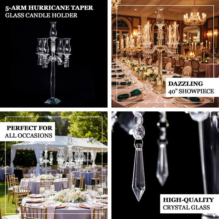 5-arm hurricane taper glass candle holder, perfect for any occasion.