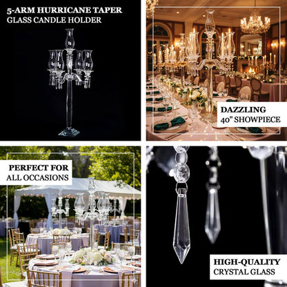 5-arm hurricane taper glass candle holder, perfect for any occasion.