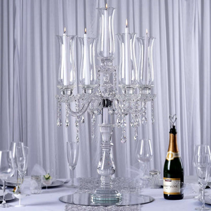 Elegant crystal candelabra with multiple candle holders and hanging crystals