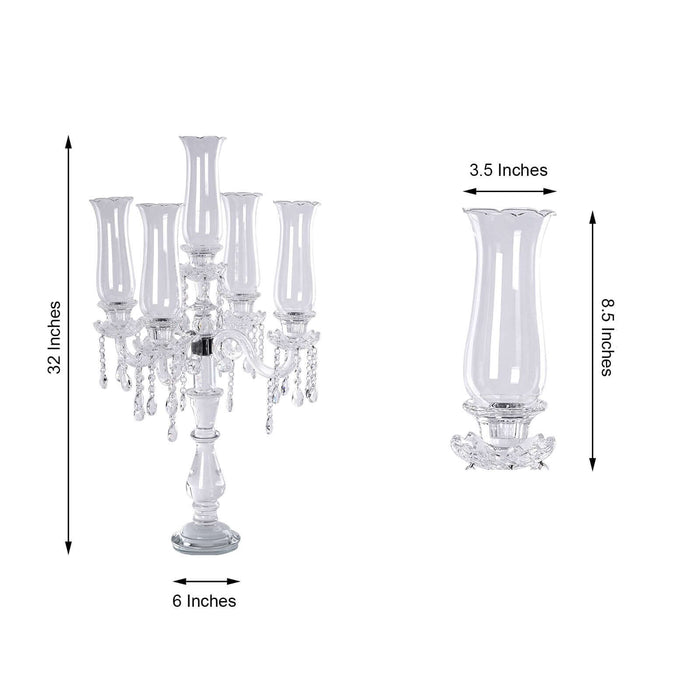 Elegant crystal candelabra with five glass candle holders, 32 inches tall.