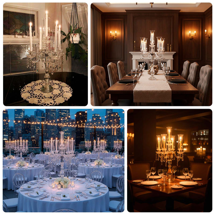 Elegant candelabras in various dining settings, enhancing the ambiance of special occasions.