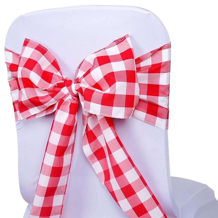 Red and white checkered chair sash bow for event decoration